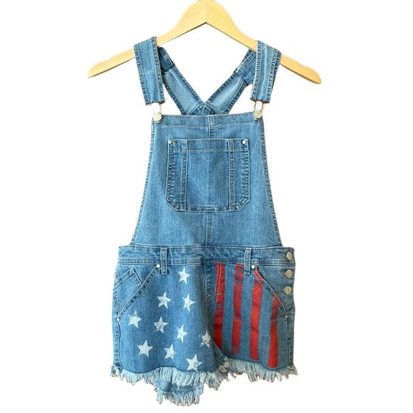 Tinseltown Denim - Tinseltown Womens S Denim Shortalls USA Flag Print Raw Frayed Hem Stars Stripes